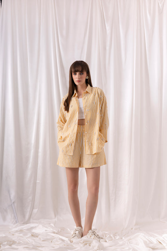The Yellow Striped Floral Shorts Set