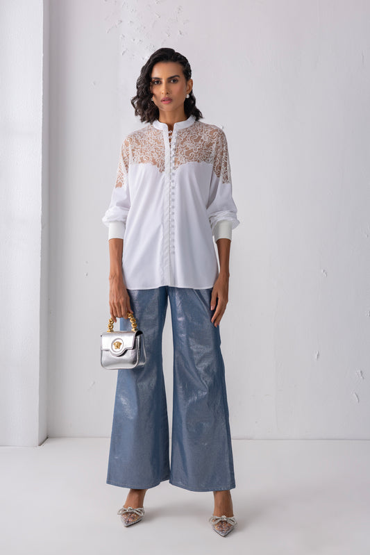 White Balloon Sleeved Loop Button Shirt