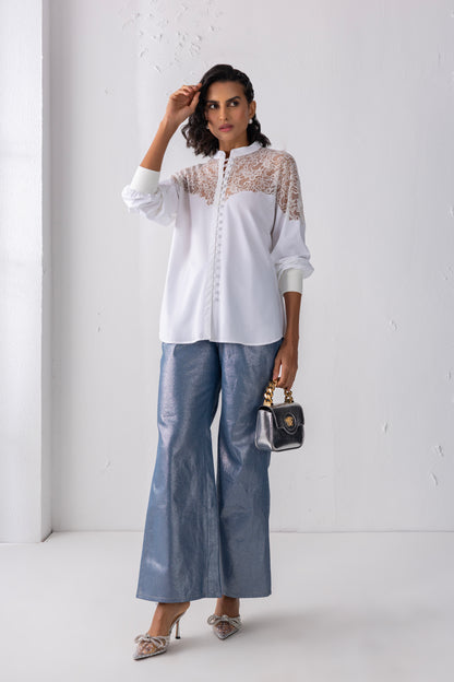 White Balloon Sleeved Loop Button Shirt