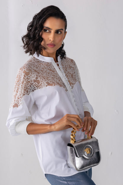 White Balloon Sleeved Loop Button Shirt