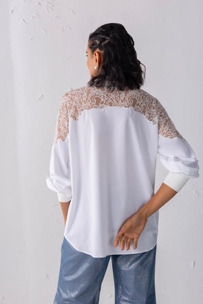 White Balloon Sleeved Loop Button Shirt