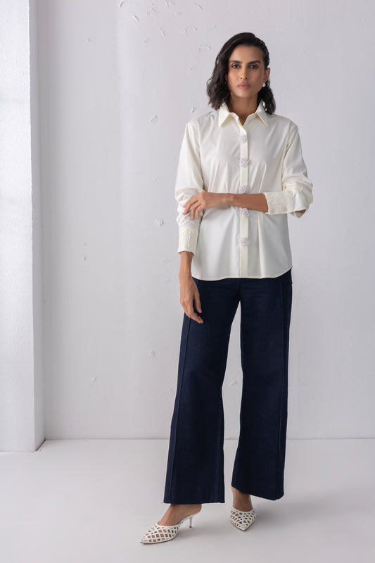 Cream Pearl & Crochet Shirt