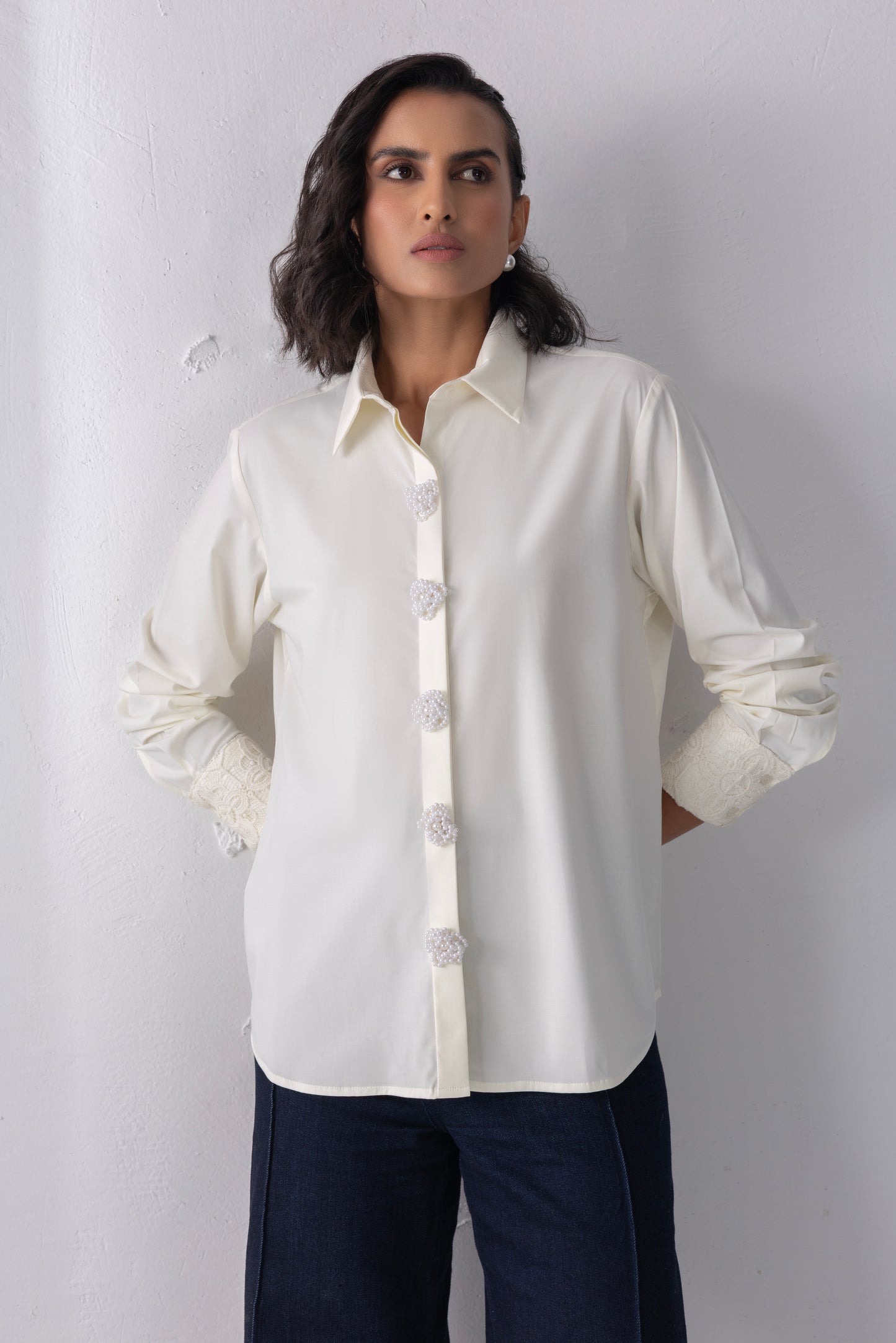 Cream Pearl & Crochet Shirt