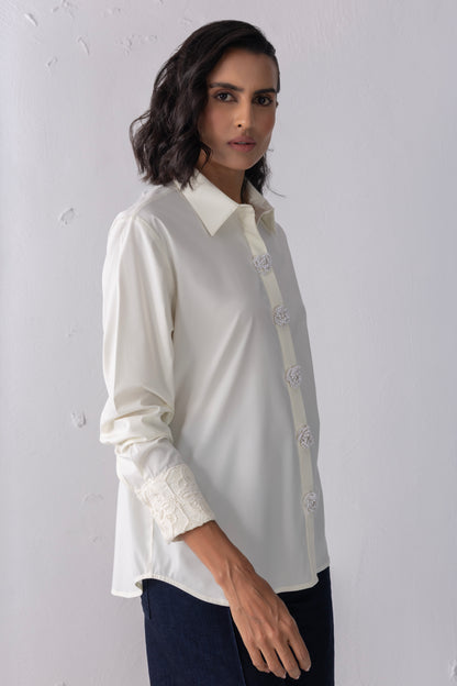 Cream Pearl & Crochet Shirt