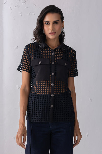 Black Mesh Crochet Shirt