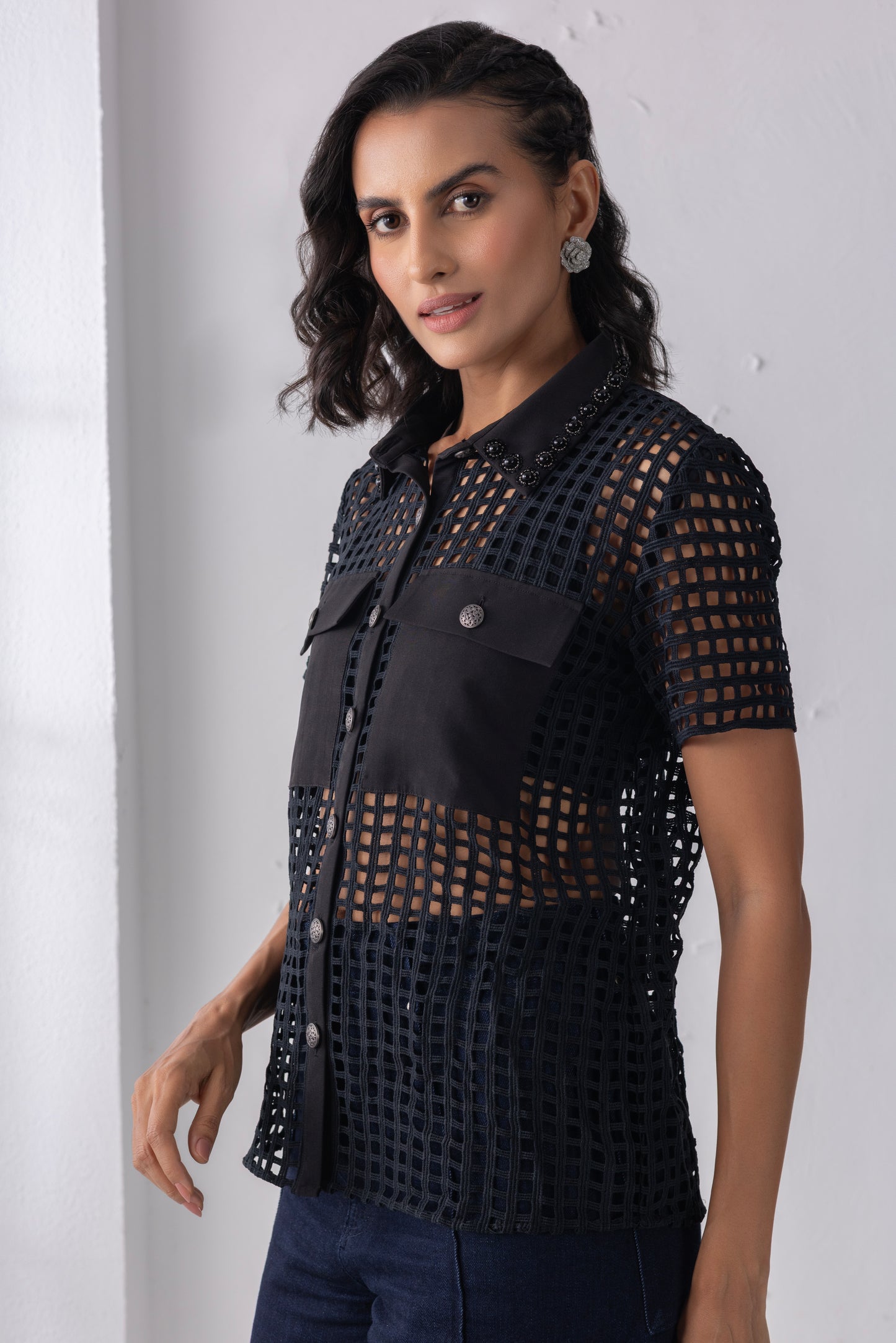 Black Mesh Crochet Shirt