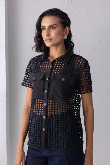 Black Mesh Crochet Shirt