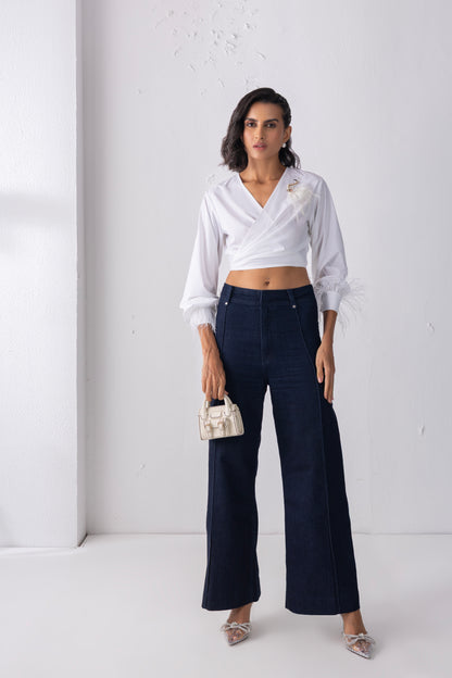 White Feathered Tie-up Shirt