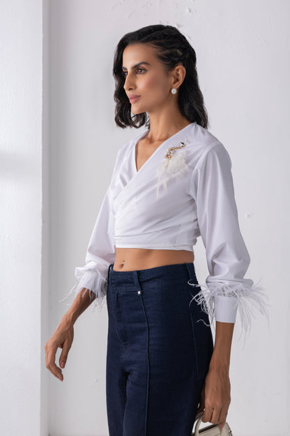 White Feathered Tie-up Shirt
