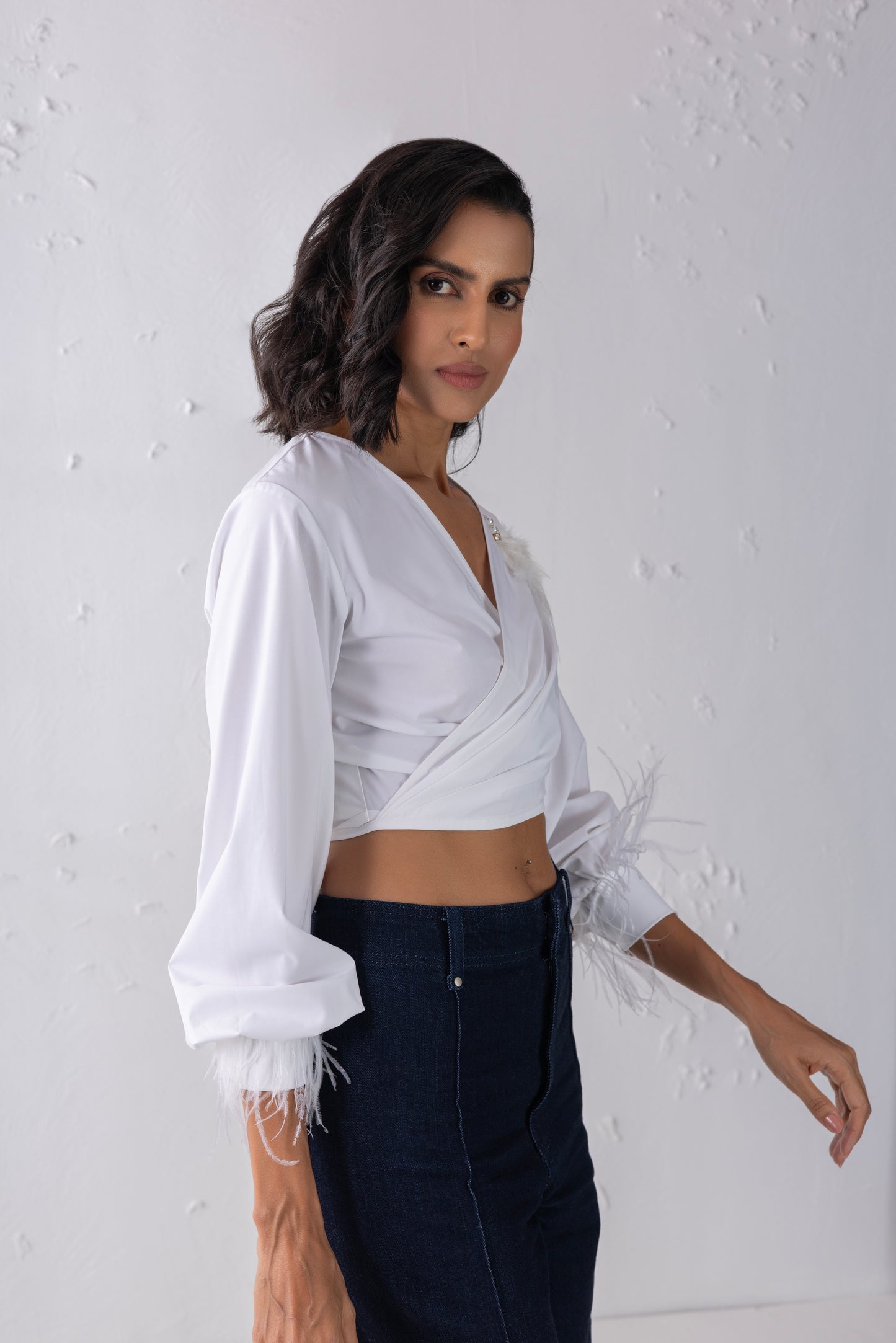 White Feathered Tie-up Shirt