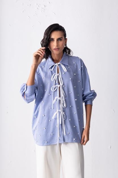 The blue tie-up pearl shirt
