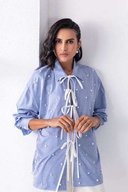 The blue tie-up pearl shirt