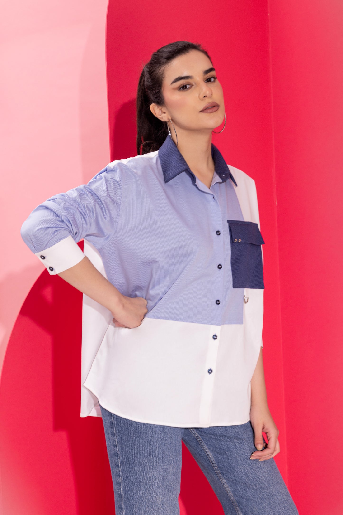 White & shades of Blue patchwork shirt